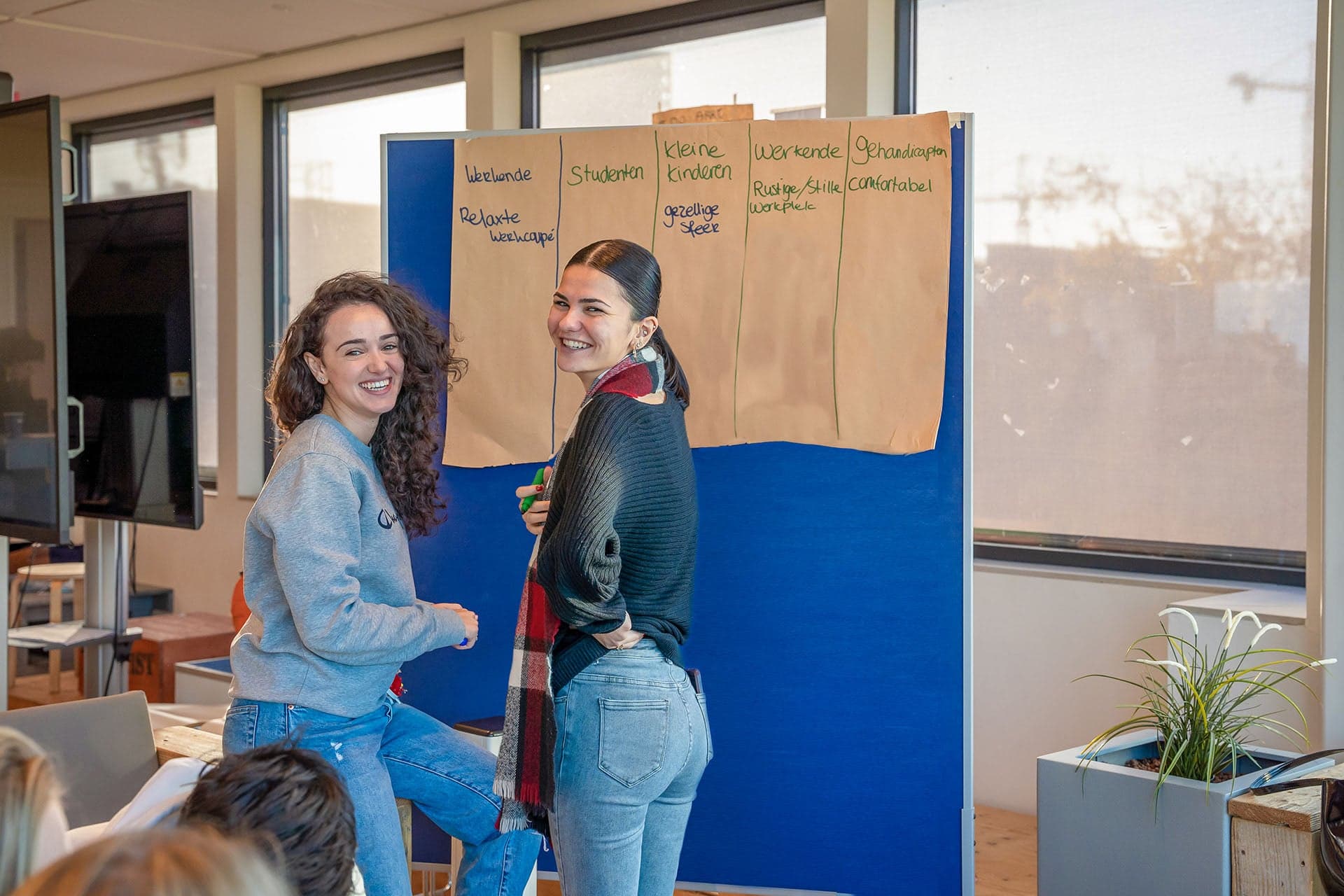 2 studenten Business Innovation staan bij een flipover